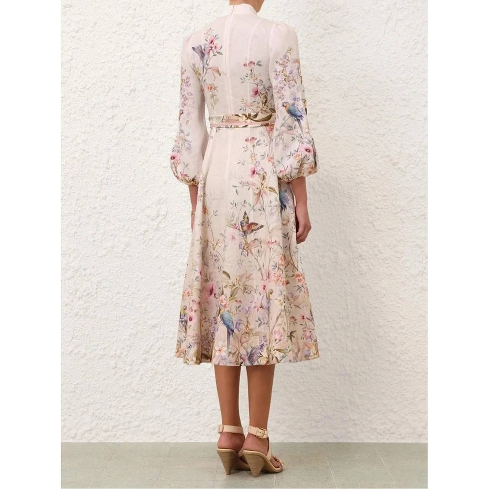 Zimmermann Rebellion Button Midi Dress Cream Aviary Linen Silk Belted Size US 4 - Picture 3 of 16
